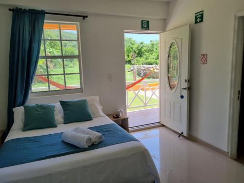 Santa Catalina IslandShell Sea B & B的一间卧室设有一张床和一个大窗户