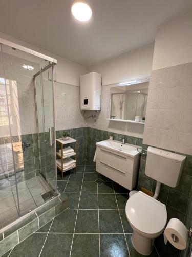 皮萨克Villa Stina的浴室配有卫生间、淋浴和盥洗盆。