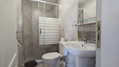 圣弗拉斯Family Hotel Milev的浴室配有卫生间、盥洗盆和淋浴。