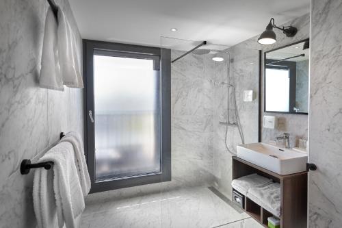阿姆斯特丹阿姆斯特丹诺瓦公寓酒店的一间带水槽和淋浴及窗户的浴室