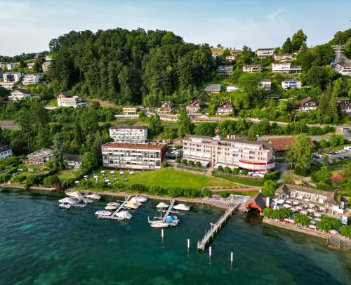 卢塞恩HERMITAGE Lake Lucerne - Beach Club & Lifestyle Hotel的享有码头的空中景色,在水中划船