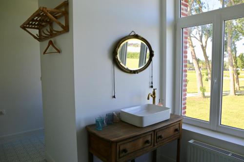 TéteghemLa Grange du Veld的浴室设有水槽和墙上的镜子