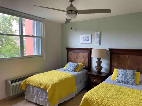 法哈多506 Ocean & Marina Views 3 Bedroom 2 Bathroom Lux的一间卧室设有两张带黄床单的床和窗户。