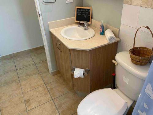 法哈多506 Ocean & Marina Views 3 Bedroom 2 Bathroom Lux的一间带水槽和卫生间的浴室