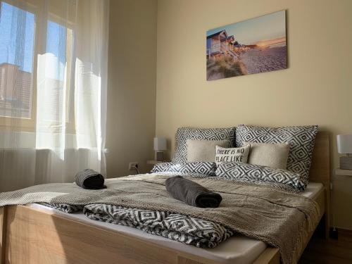 米什科尔茨Mayer Vendégház的卧室配有带枕头的床铺和窗户。