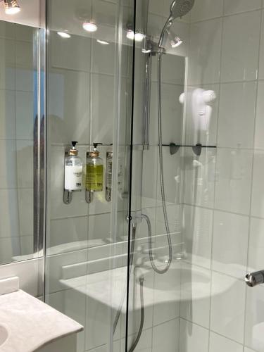 瓦尔迪维亚Hotel Boutique Cutipay的带淋浴的浴室和玻璃门