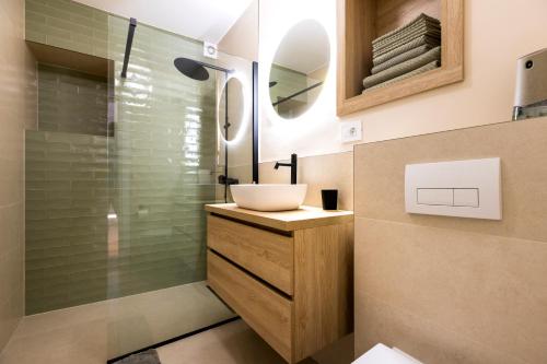 木洛希尼Sidrina的一间带水槽和玻璃淋浴的浴室
