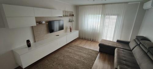 拉姆尼库沃尔恰Apartament 2 camere的带沙发和电视的客厅