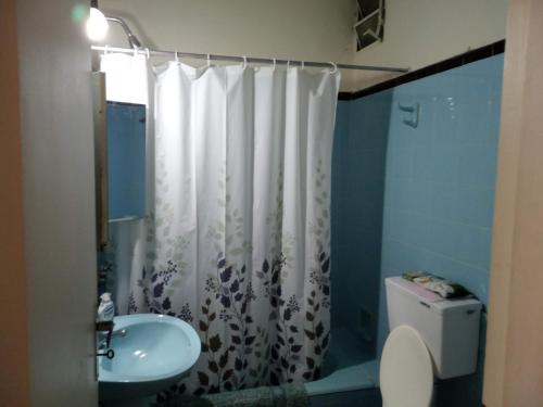 亚松森Apartamento en Asunción amoblado y equipado的浴室配有淋浴帘和盥洗盆。