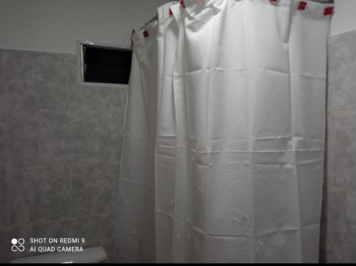 雷希纳镇Departamento Chacra的浴室内白色的浴帘