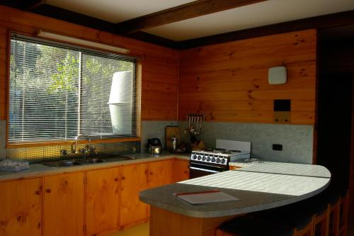 科尔斯湾海湾边缘度假酒店的厨房配有木制橱柜、炉灶和窗户。