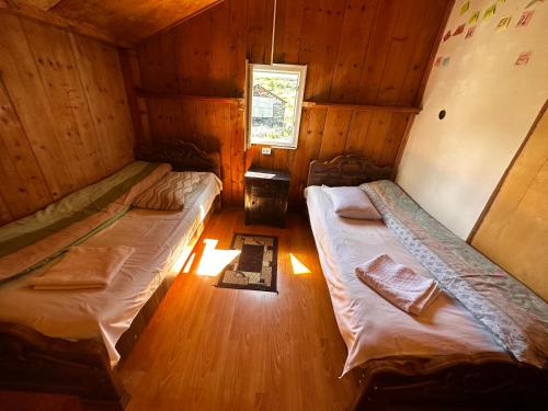 乌树故里安吉丽娜旅馆的配有窗户的小木屋内的两张床