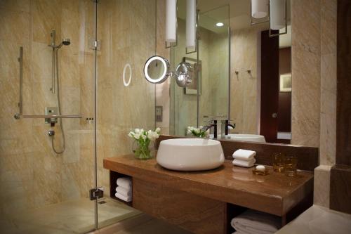 天津万丽天津宾馆的一间带水槽和淋浴的浴室