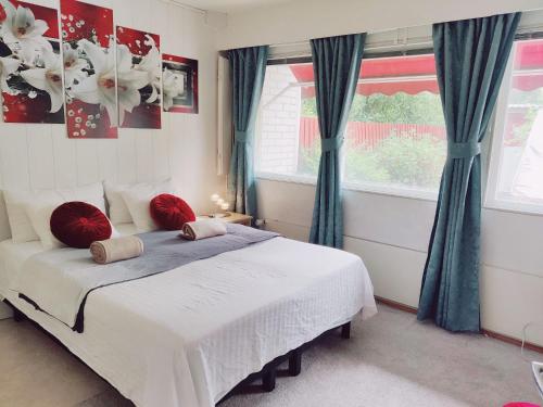 图尔库Cozy and Spacious Row House的一间卧室配有一张带红色枕头的床和一扇窗户
