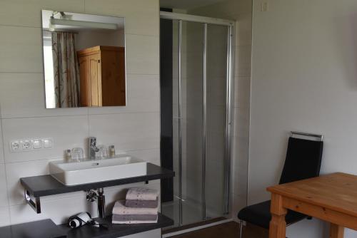 格绍Sunseitn Apartments的一间带水槽和玻璃淋浴的浴室
