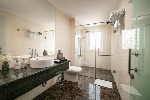 河内Hanoi La Palm Premier Hotel & Spa的一间带水槽、卫生间和淋浴的浴室