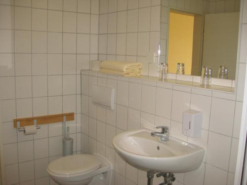 Bad SülzeDoppelzimmer 13 Gästehaus Mühlenstein的一间带水槽、卫生间和镜子的浴室