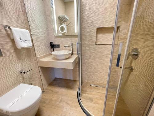 埃尔代克Palmon Hotel的带淋浴、卫生间和盥洗盆的浴室