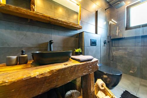 拉布Modern studio with a beautiful view的木制柜台上带水槽的浴室