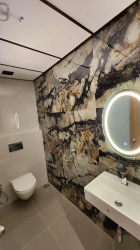 孟买Peace International的一间带卫生间、水槽和镜子的浴室