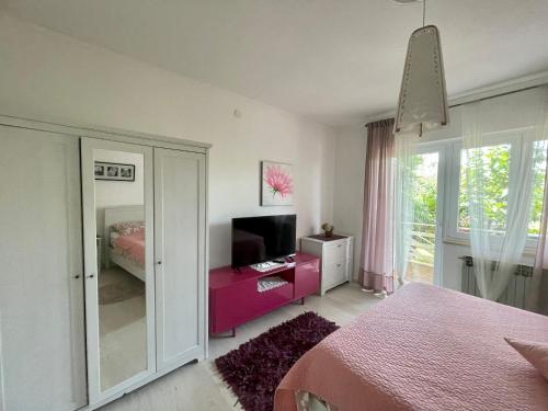 乌马格玛丽亚公寓式酒店的一间卧室配有粉红色梳妆台、电视和镜子