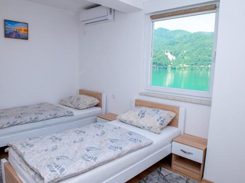 科尼茨Apartmani Jezero的带大窗户的客房内的两张床