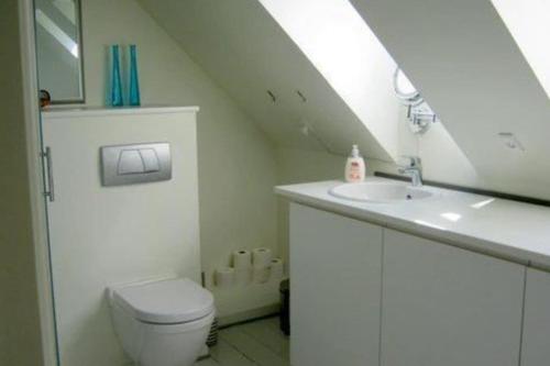 艾勒斯克宾Skøn lejlighed i Ærøskøbing.的白色的浴室设有水槽和卫生间。