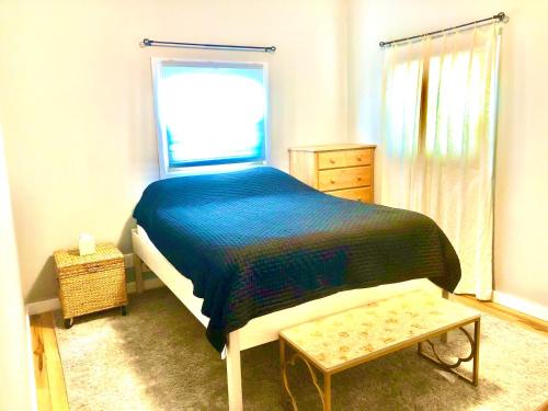 明尼阿波利斯Homey 2 bedroom Apartment, Minutes from Everything!的一间卧室设有一张大床和一个窗户。