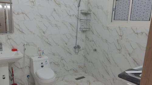 Al ‘Awālīابو عامر للشقق المفروشه的白色的浴室设有卫生间和水槽。