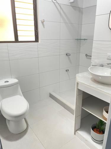 阿拉胡埃拉3 Min from SJO airport Kaeli的白色的浴室设有卫生间和水槽。