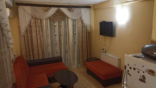 乌雷基Apartment Zhemchuzhina Ureki的带沙发和窗户的小客厅