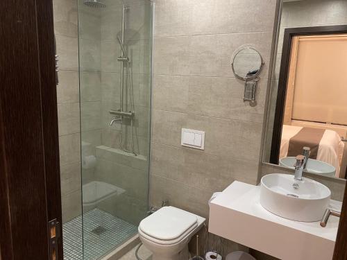 蒙得维的亚Puertovideo的带淋浴、卫生间和盥洗盆的浴室