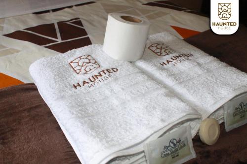巴尼奥斯Haunted House Casa Vacacional的一大堆毛巾和一卷卫生纸