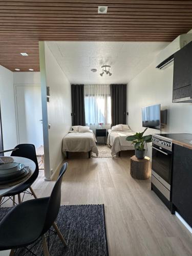 TyrnäväPeltoVilla的酒店客房设有两张床、一间厨房和一个客厅。