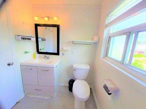 多伦多Cozy and quiet house with private swimming pool的一间带卫生间、水槽和镜子的浴室