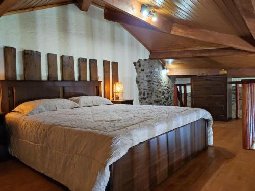 布拉干萨Recanto da Encosta - T2的一间带一张大床的卧室,位于一个拥有木制天花板的房间