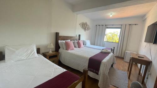 蒂拉登特斯Pouso Flor da serra的酒店客房设有两张床和电视。