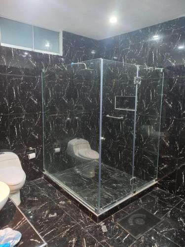 卢那欢纳Casa de Campo Las Tujas的浴室设有玻璃淋浴间和卫生间