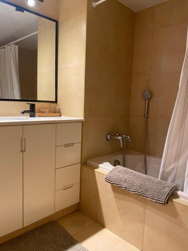 荷兹利亚spacious real two bedrooms at the daniel hotel的一间带水槽、浴缸和镜子的浴室