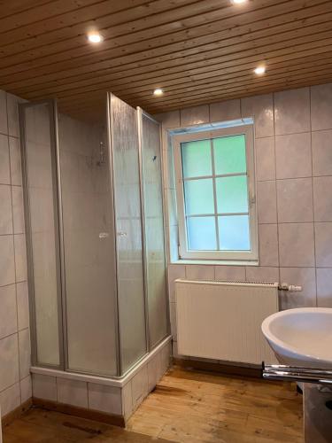 锡根Mehrere Zimmer in erster Lage的带淋浴和盥洗盆的浴室以及窗户。
