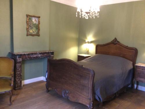 BaronvilleL'auberge的一间卧室配有一张床、一个壁炉和一个吊灯。