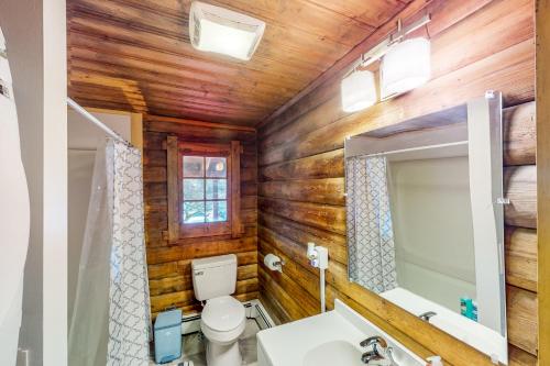 OtisHawks Eye Cabin的一间带木墙、卫生间和水槽的浴室
