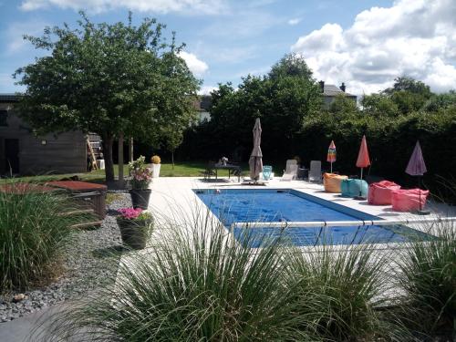斯帕L'écurie gîte duplex wellness的一个带植物和遮阳伞的庭院内的游泳池