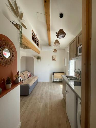 Le BoscStudio indépendant près Salagou的一间厨房和一个客厅,客厅配有沙发