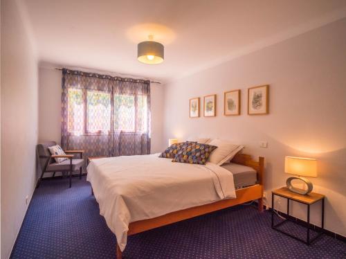 卢河畔图尔雷泰Camping Hotel Les Rives du Loup的一间卧室配有一张床、两盏灯和一个窗户。