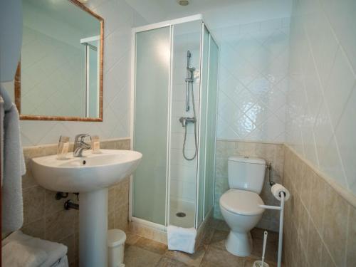 卢河畔图尔雷泰Camping Hotel Les Rives du Loup的浴室配有卫生间、盥洗盆和淋浴。