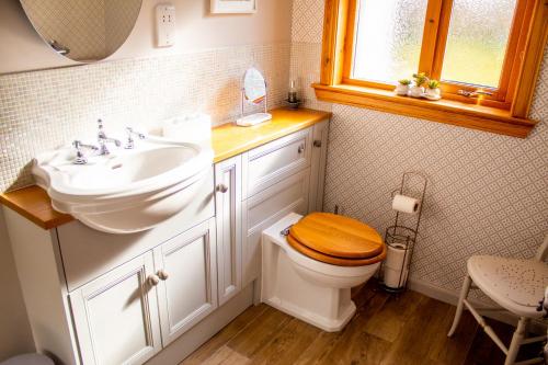 因弗内斯Longfield, Daviot的一间带水槽的浴室和一个带木制座椅的卫生间
