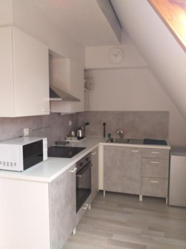 赫伦塔尔斯logies 'Raapbreuk'的厨房配有白色橱柜和白色台面