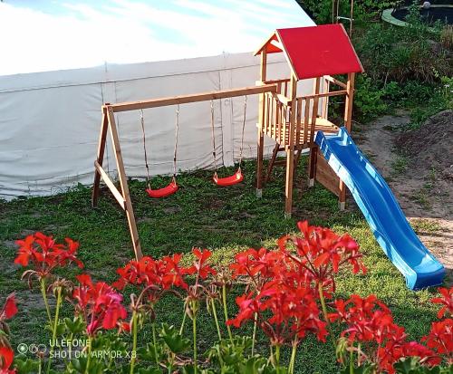 StepnicaWilla Epiona的一个带滑梯和红色鲜花的游乐场