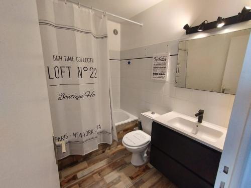 滨海萨纳里Sanary Paradise Port Climatisé的浴室设有卫生间、水槽和淋浴帘